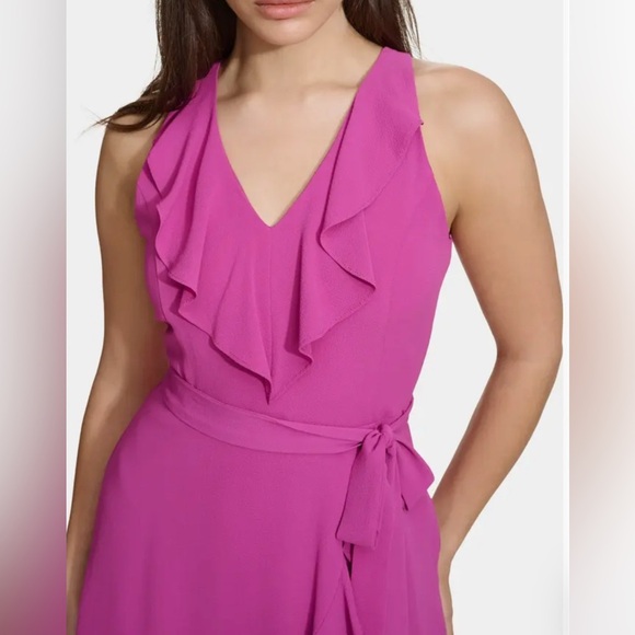 NWOT Kensie Fuchsia Ruffle Neck Tie Waist Midi Wrap Sundress - Size 14 - Picture 5 of 6